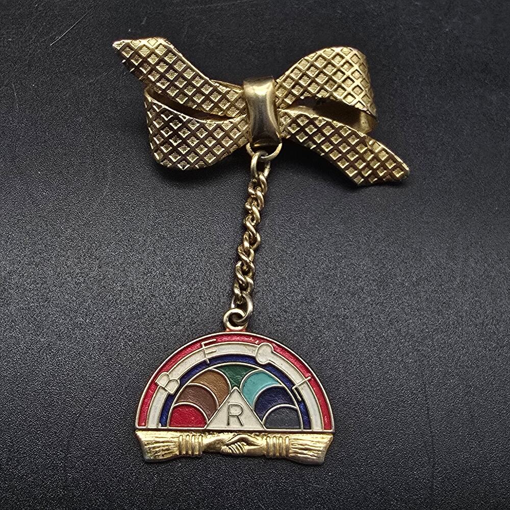 Rainbow Girls Charm Brooch Enamel Gold Tone Bow VIntage Masonic